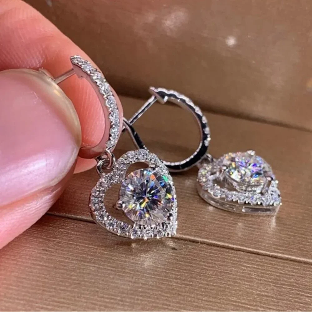 Luxury Heart Dangle Earrings for Wedding Romantic Women Brilliant Fancy Love - Picture 2 of 4